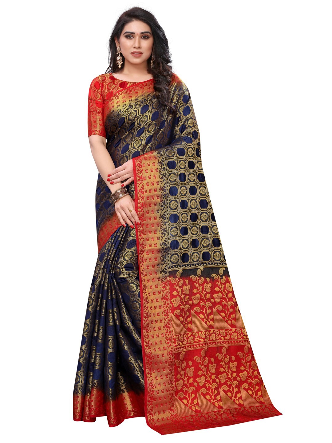 

PERFECT WEAR Navy Blue & Red Ethnic Motifs Zari Banarasi Saree