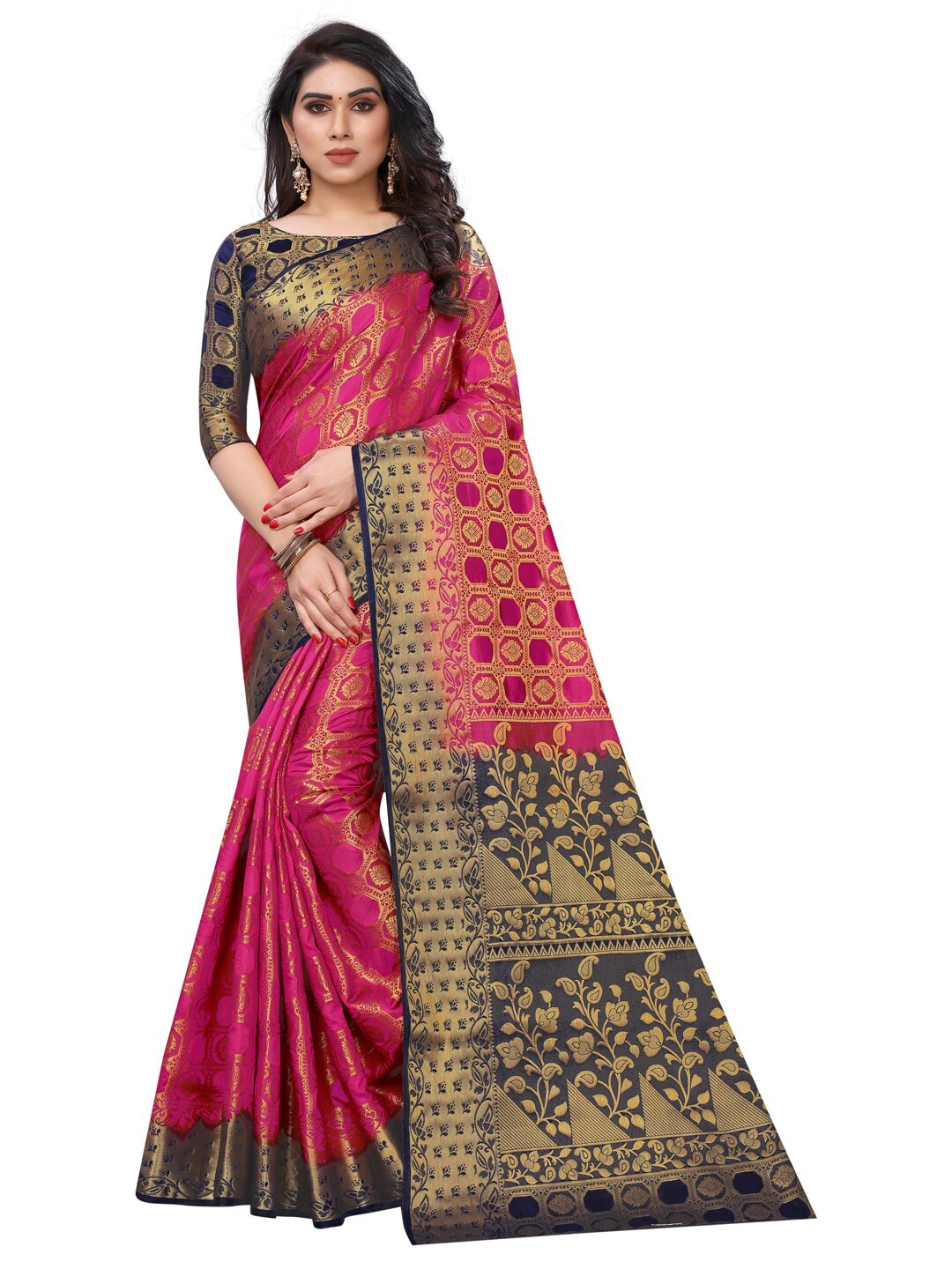 

PERFECT WEAR Magenta & Navy Blue Ethnic Motifs Zari Banarasi Saree