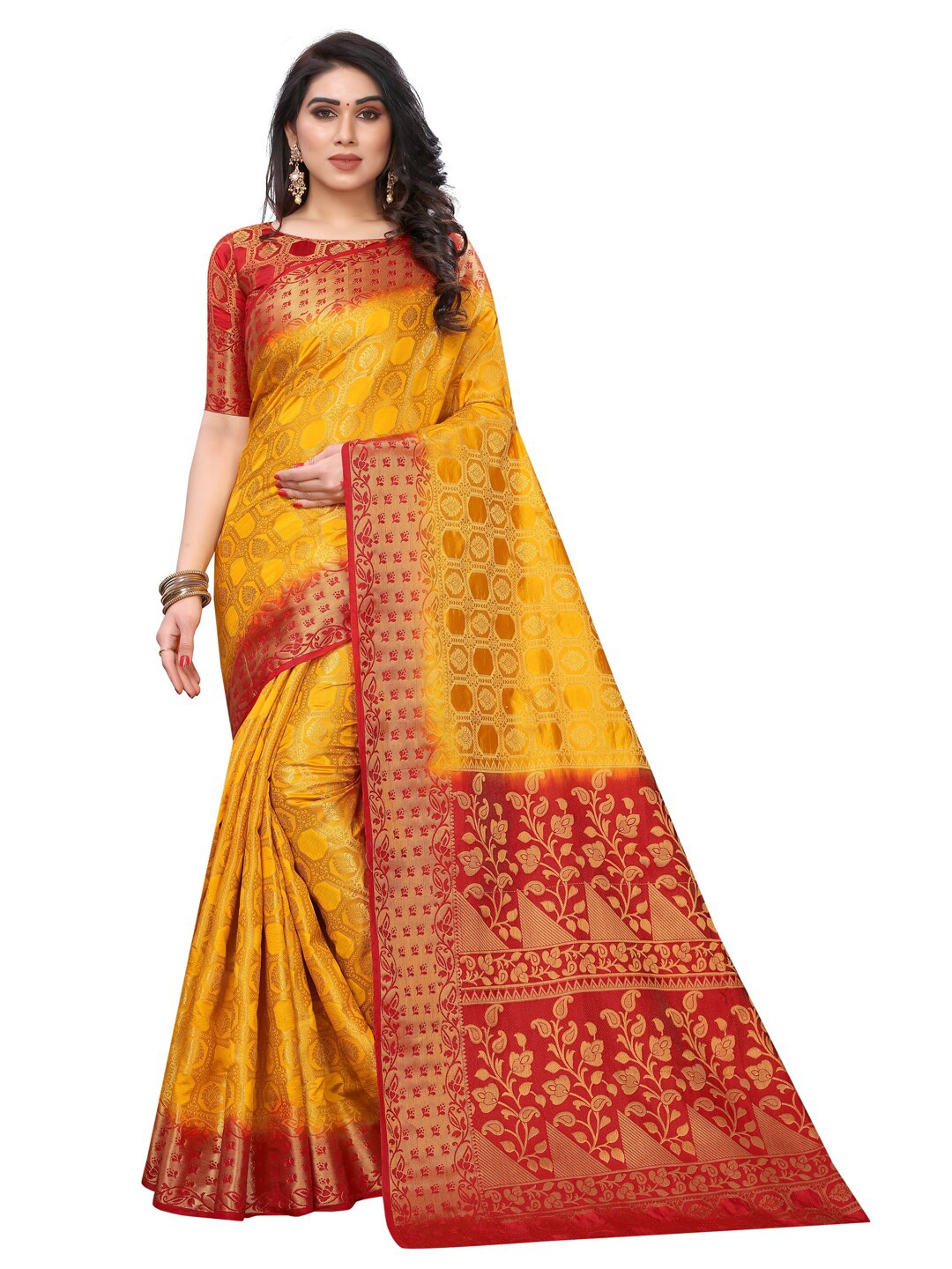 

PERFECT WEAR Red & Yellow Woven Design Zari Silk Cotton Banarasi Saree