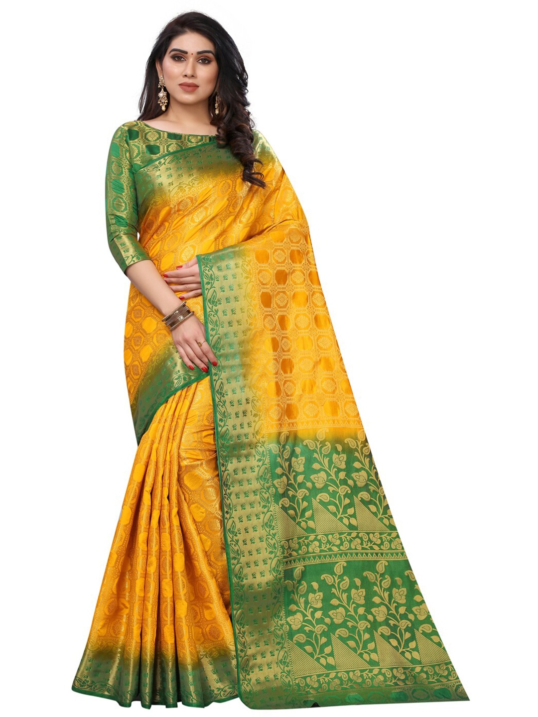 

PERFECT WEAR Yellow & Green Ethnic Motifs Zari Banarasi Saree