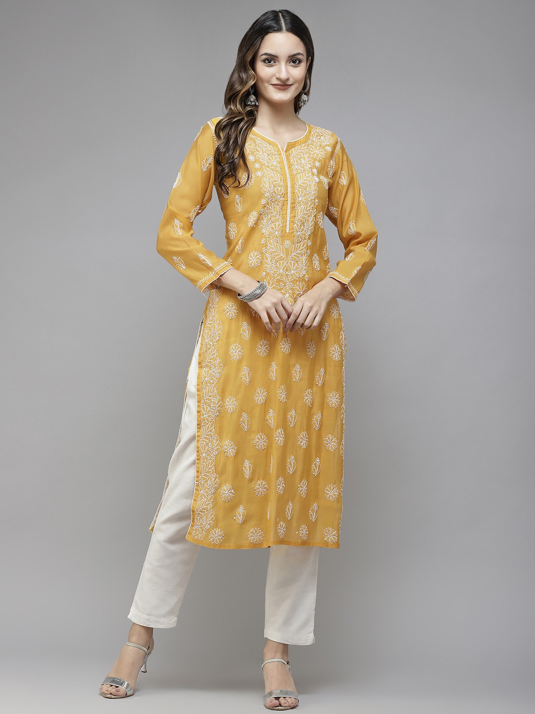 

ADA Women Mustard Yellow Floral Embroidered Chikankari Handloom Handloom Kurta