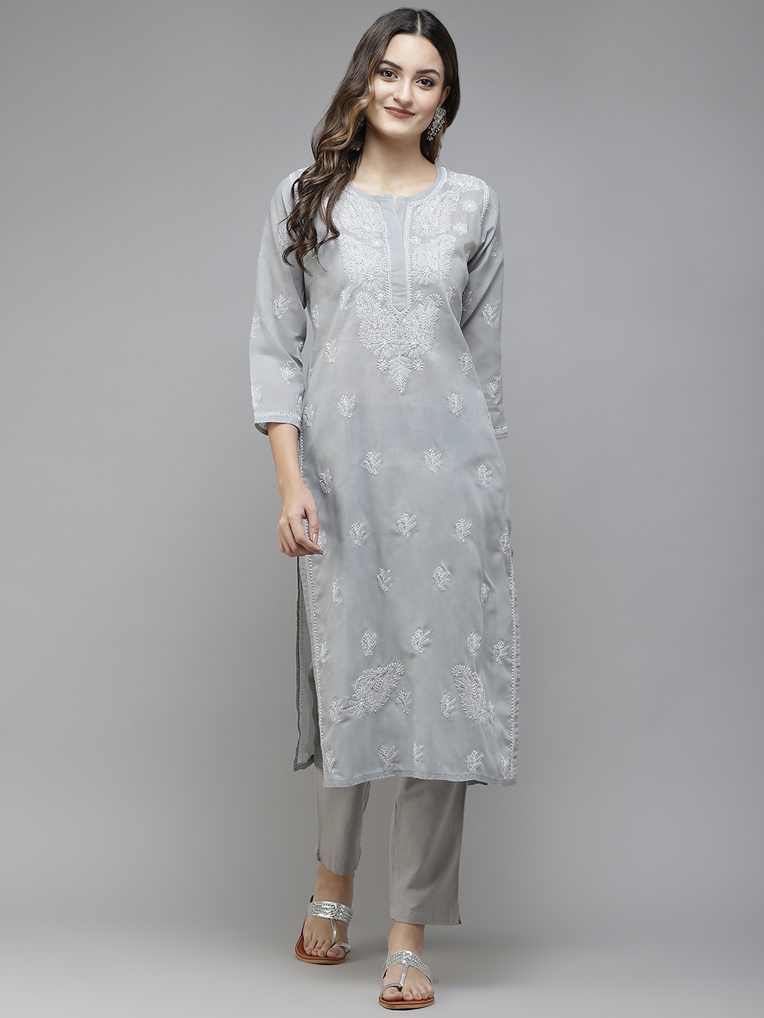 

ADA Women Grey Ethnic Motifs Embroidered Chikankari Handloom Handloom Kurta