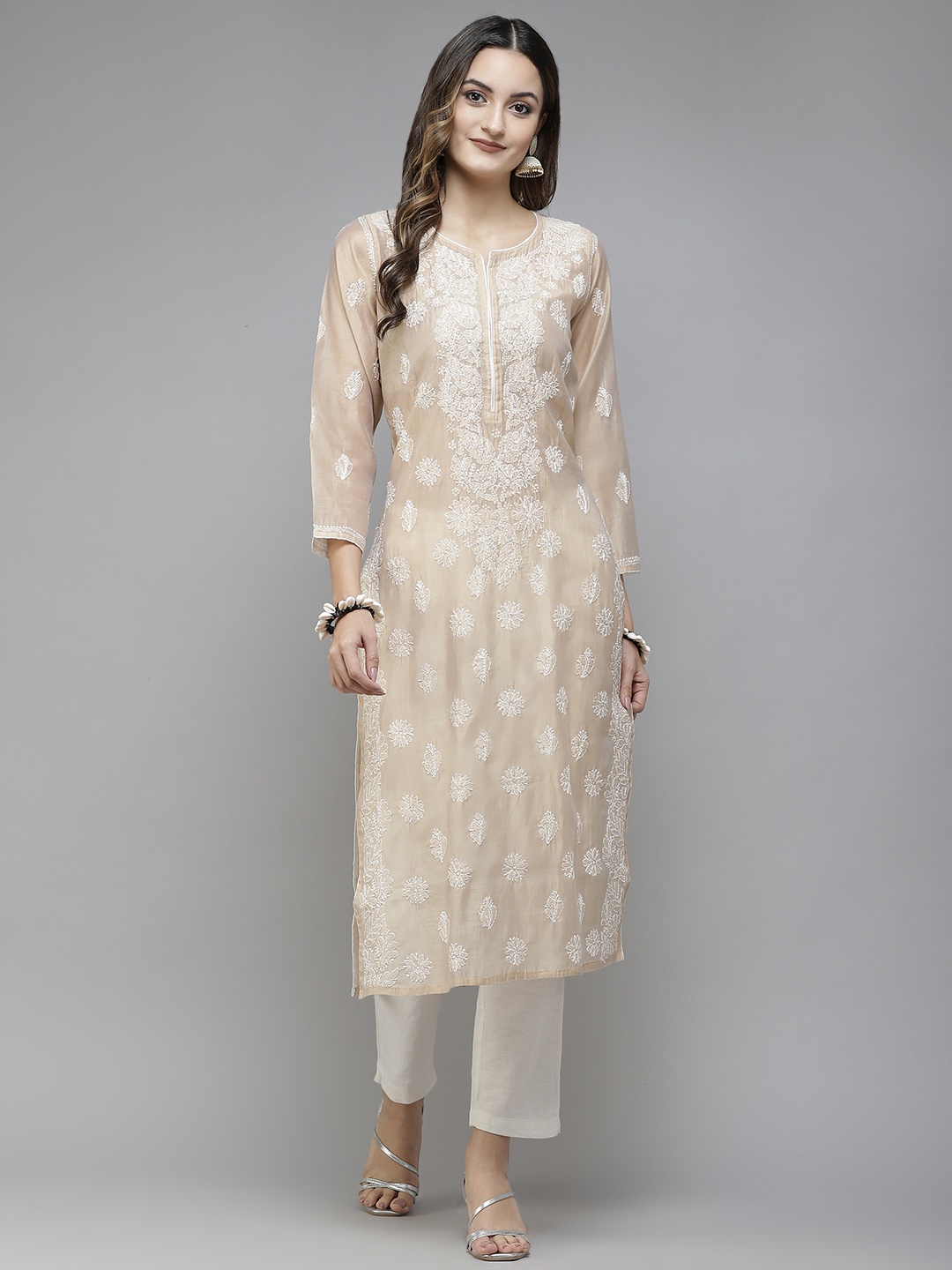 

ADA Women Beige Ethnic Motifs Embroidered Chikankari Handloom Kurta