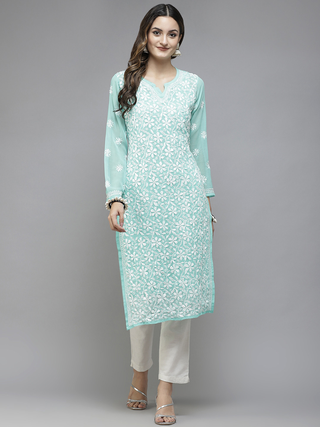 

ADA Women Sea Green Ethnic Motifs Embroidered Chikankari Handloom Georgette Handloom Kurta & Slip