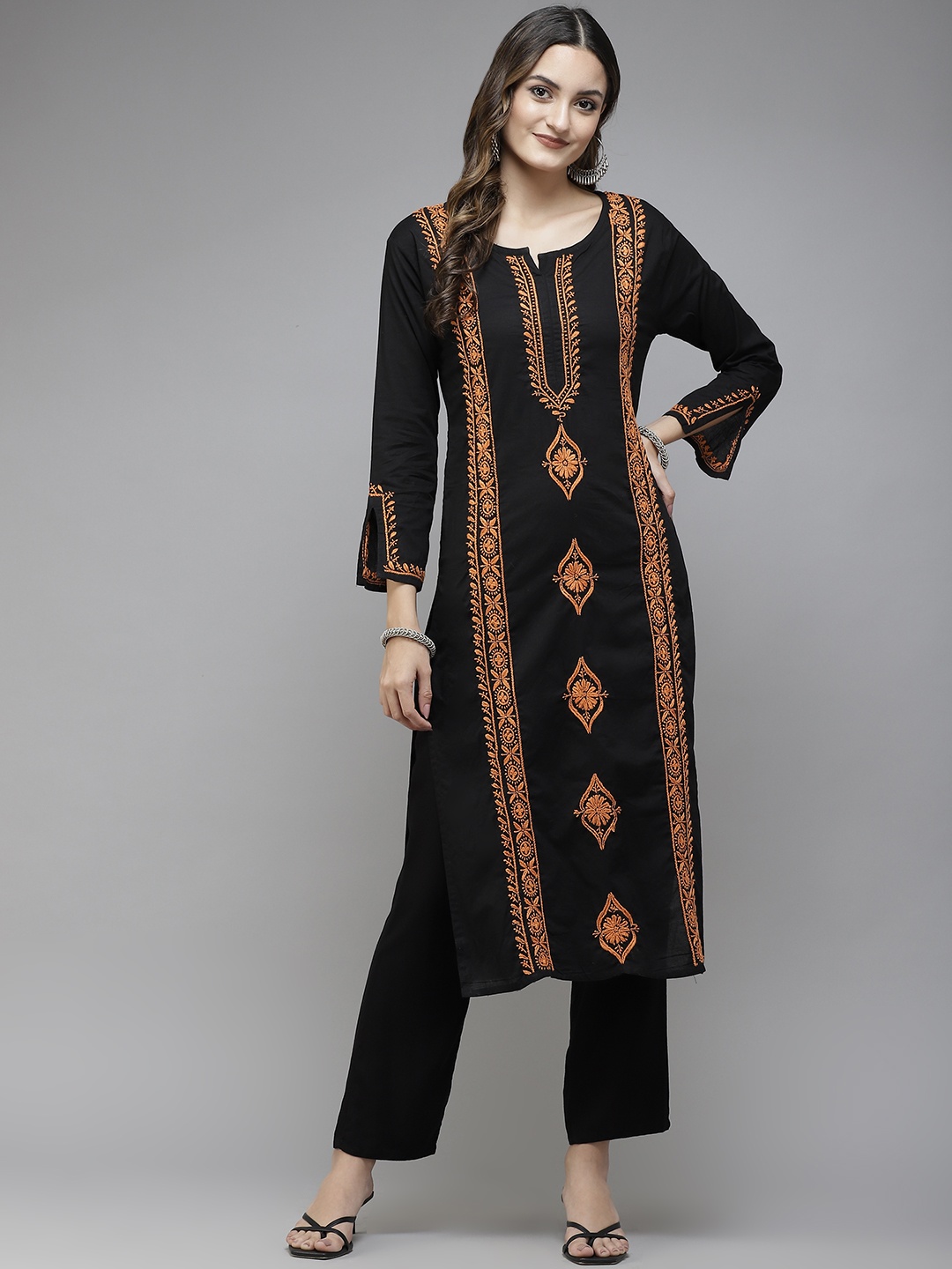 

ADA Women Black & Orange Ethnic Motifs Embroidered Chikankari Handloom Handloom Kurta