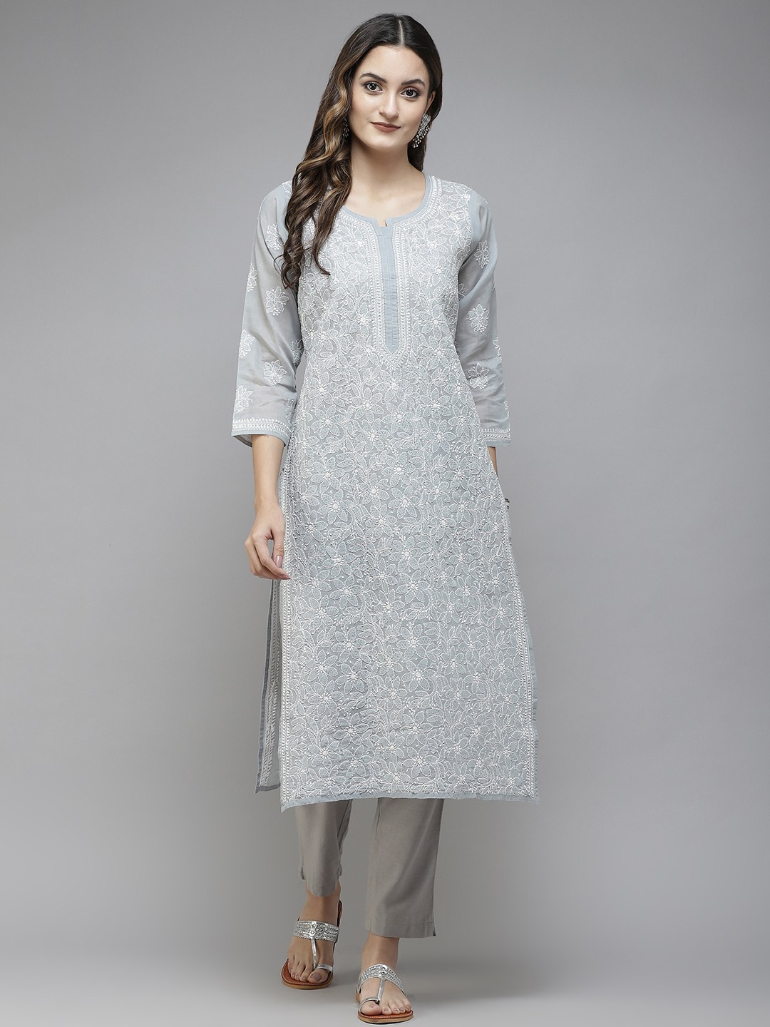

ADA Women Grey Ethnic Motifs Embroidered Chikankari Handloom Handloom Kurta