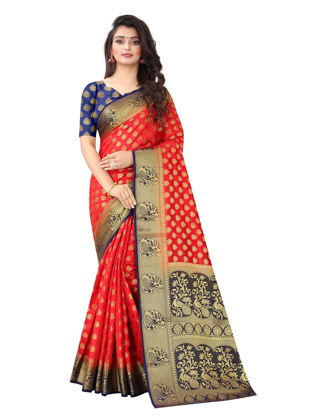 

PERFECT WEAR Red & Navy Blue Woven Design Zari Silk Cotton Banarasi Saree