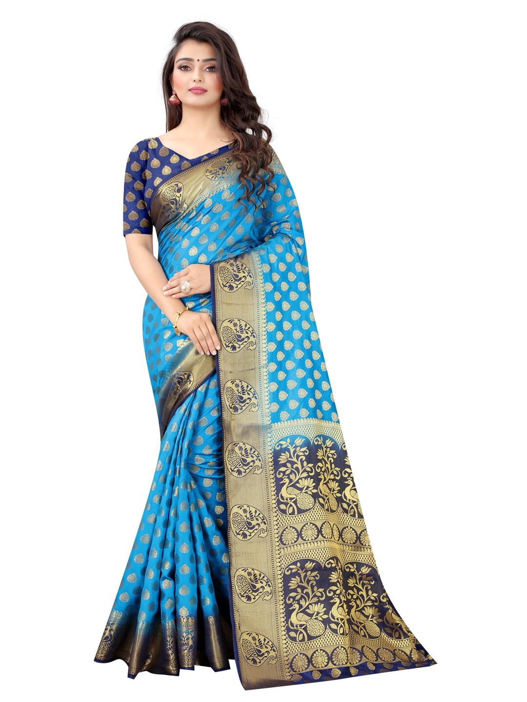 

PERFECT WEAR Turquoise Blue & Golden Ethnic Motifs Zari Silk Cotton Banarasi Saree