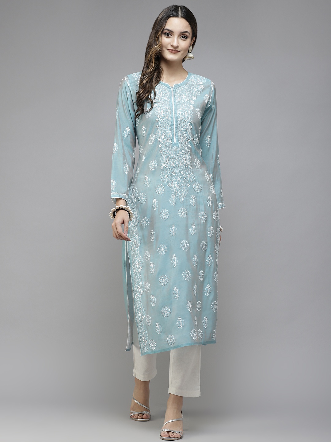 

ADA Women Blue & White Ethnic Motifs Embroidered Chikankari Handloom Kurta