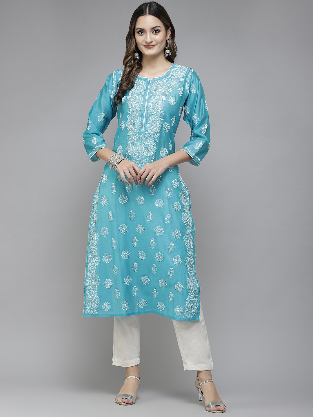 

ADA Women Turquoise Blue & White Ethnic Motifs Embroidered Chikankari Handloom Handloom Kurta