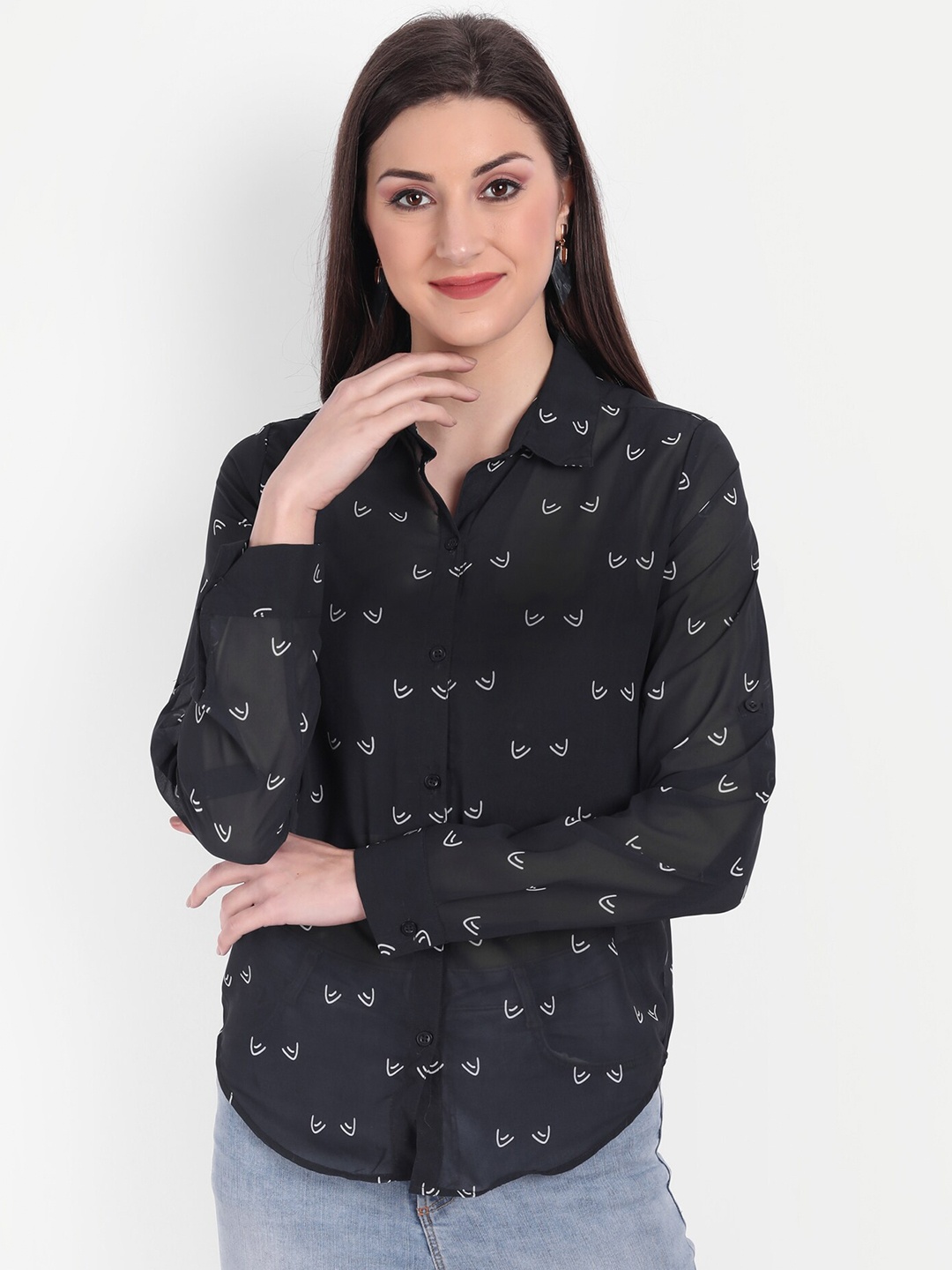 

CHARMGAL Women Blue Relaxed Semi Sheer Printed Casual Shirt