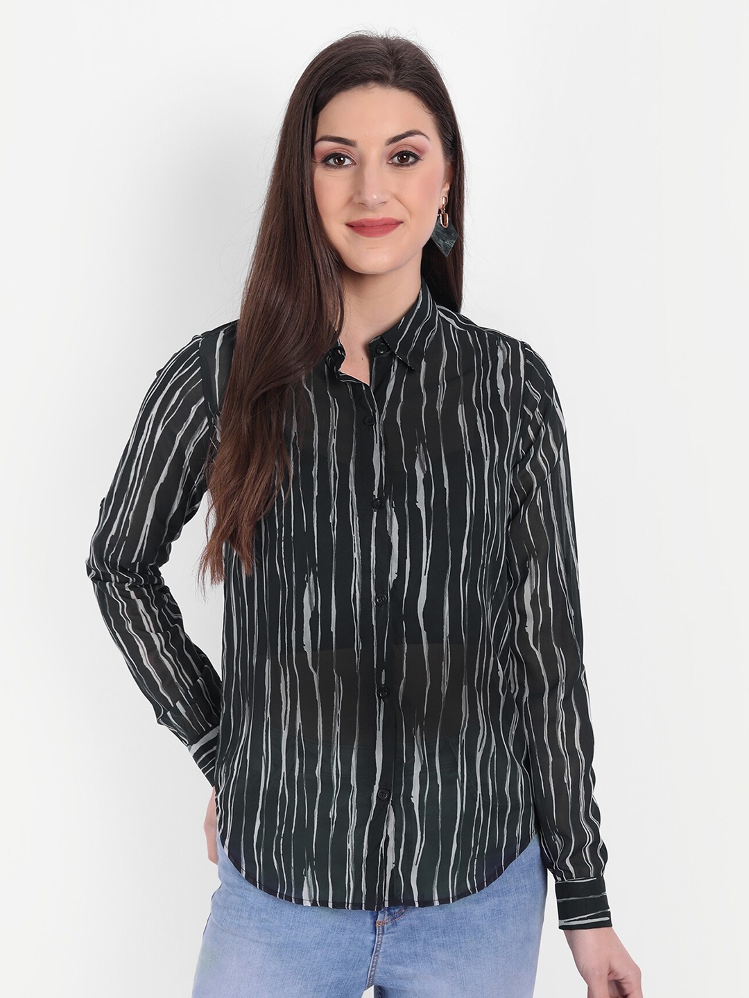 

CHARMGAL Women Navy Blue Relaxed Striped Casual Shirt