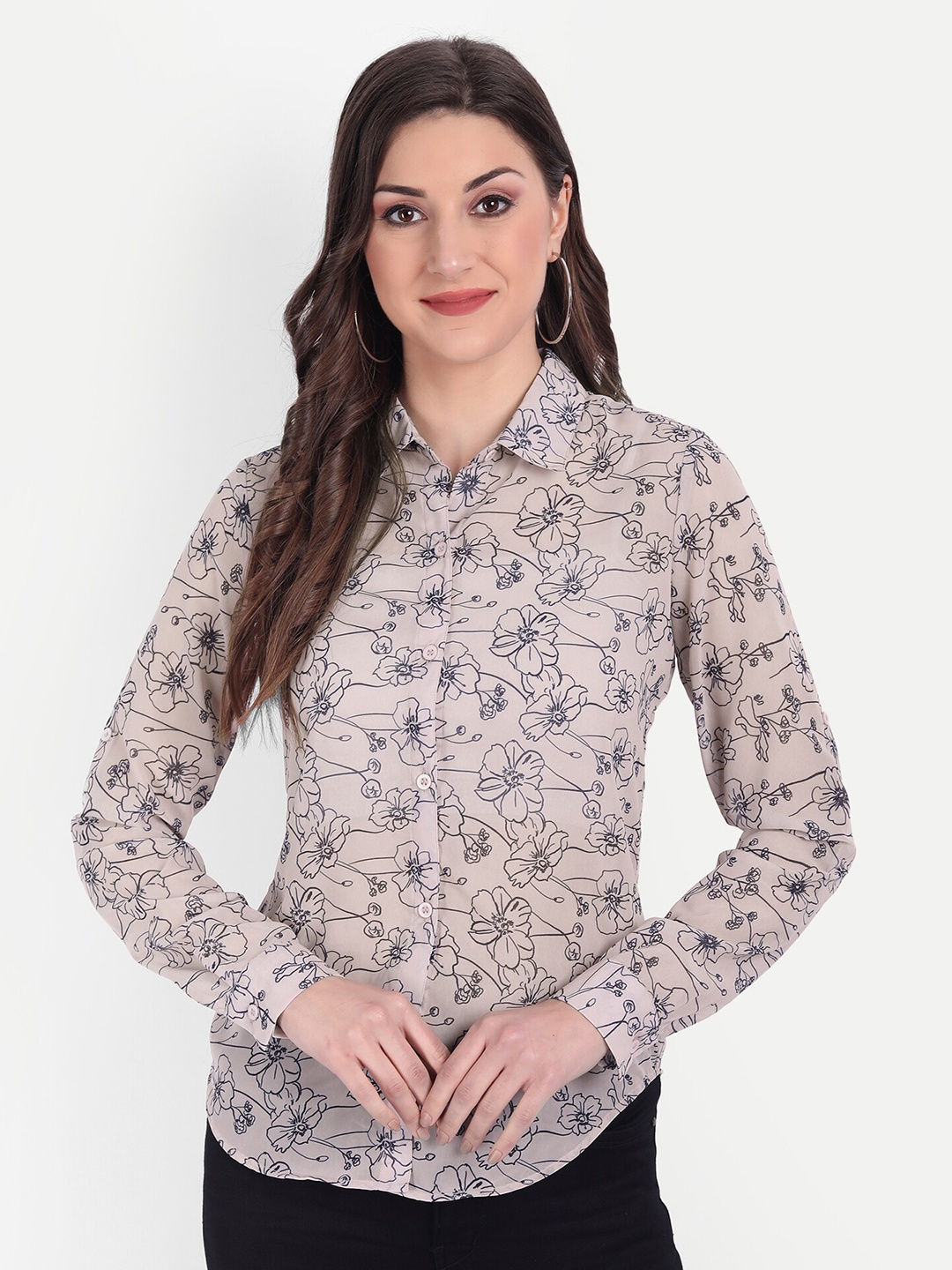 

CHARMGAL Women Cream-Coloured & Navy Blue Semi Sheer Floral Printed Shirt