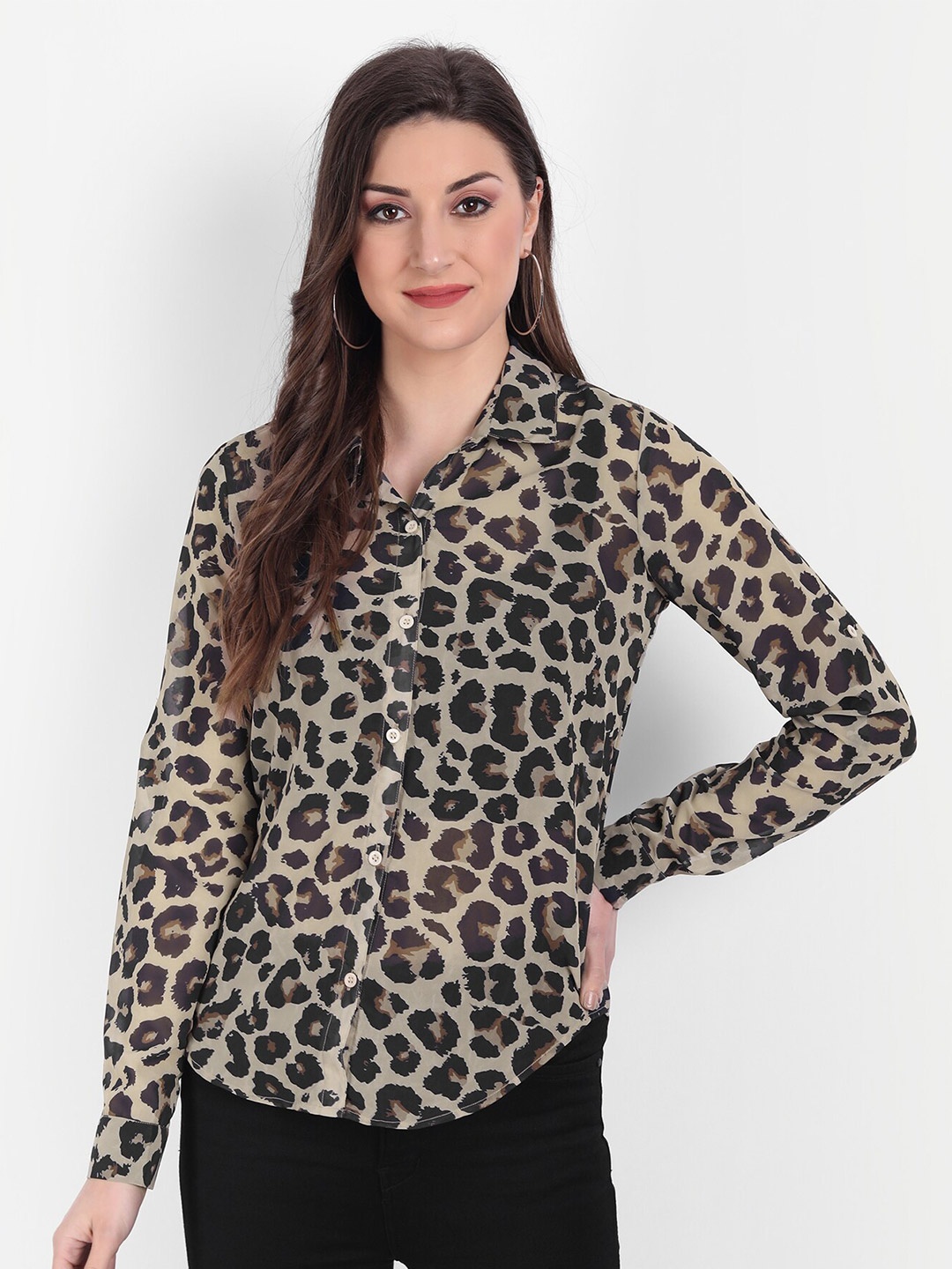 

CHARMGAL Women Brown & Black Animal Printed Semi Sheer Casual Shirt