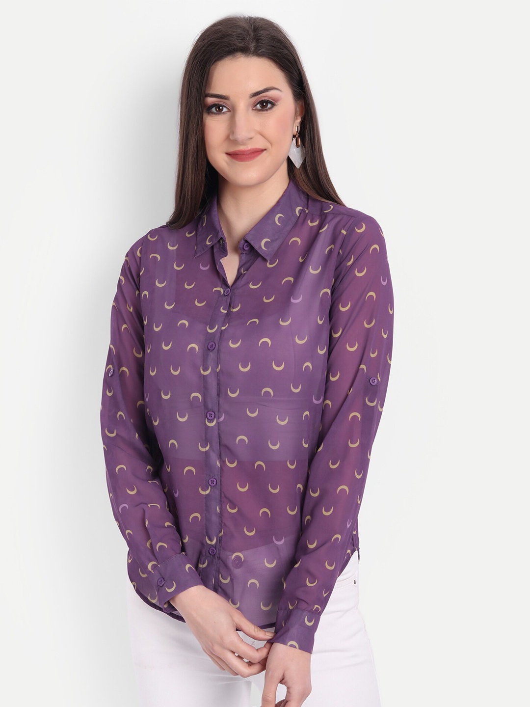 

CHARMGAL Women Purple Relaxed Semi Sheer Printed Casual Shirt