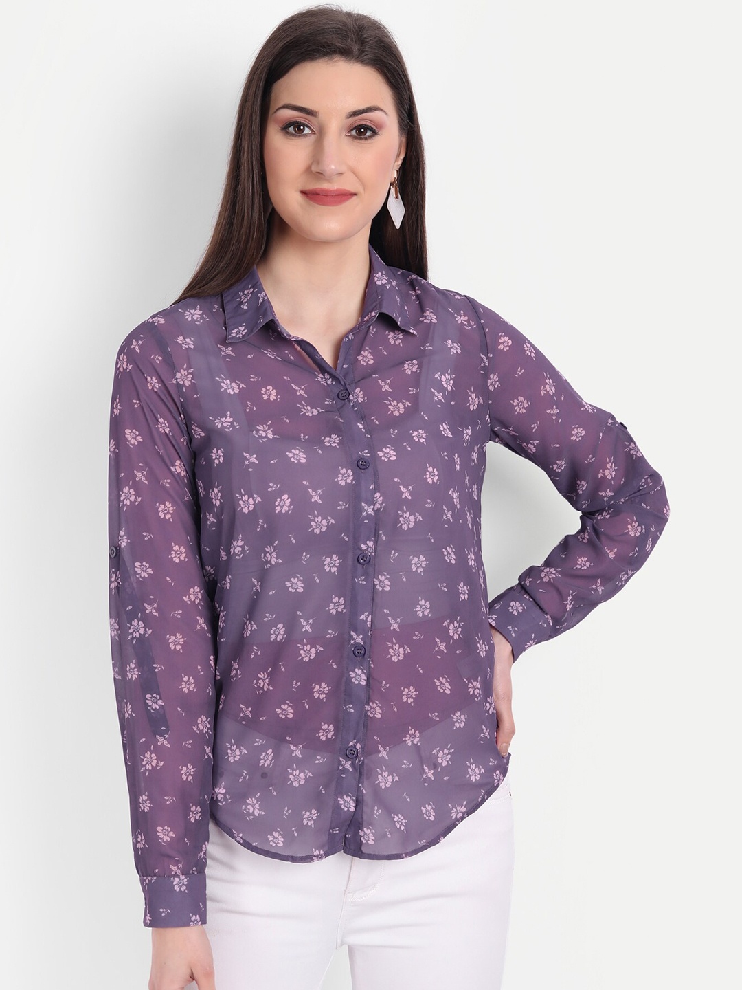 

CHARMGAL Women Purple & Pink Relaxed Semi Sheer Floral Printed Casual Shirt