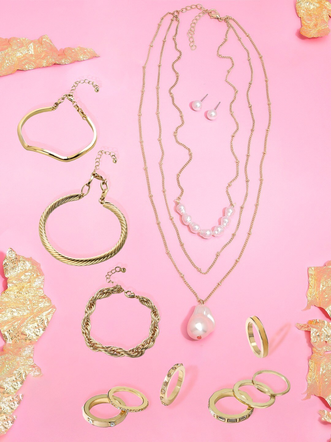 

AMI Gold-Plated Contemporary Layered Necklace Earring Bracelet & Ring Set