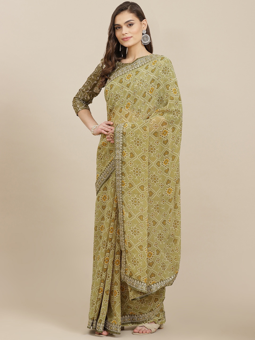 

Mitera Olive Green Ethnic Motifs Sequinned Poly Georgette Saree