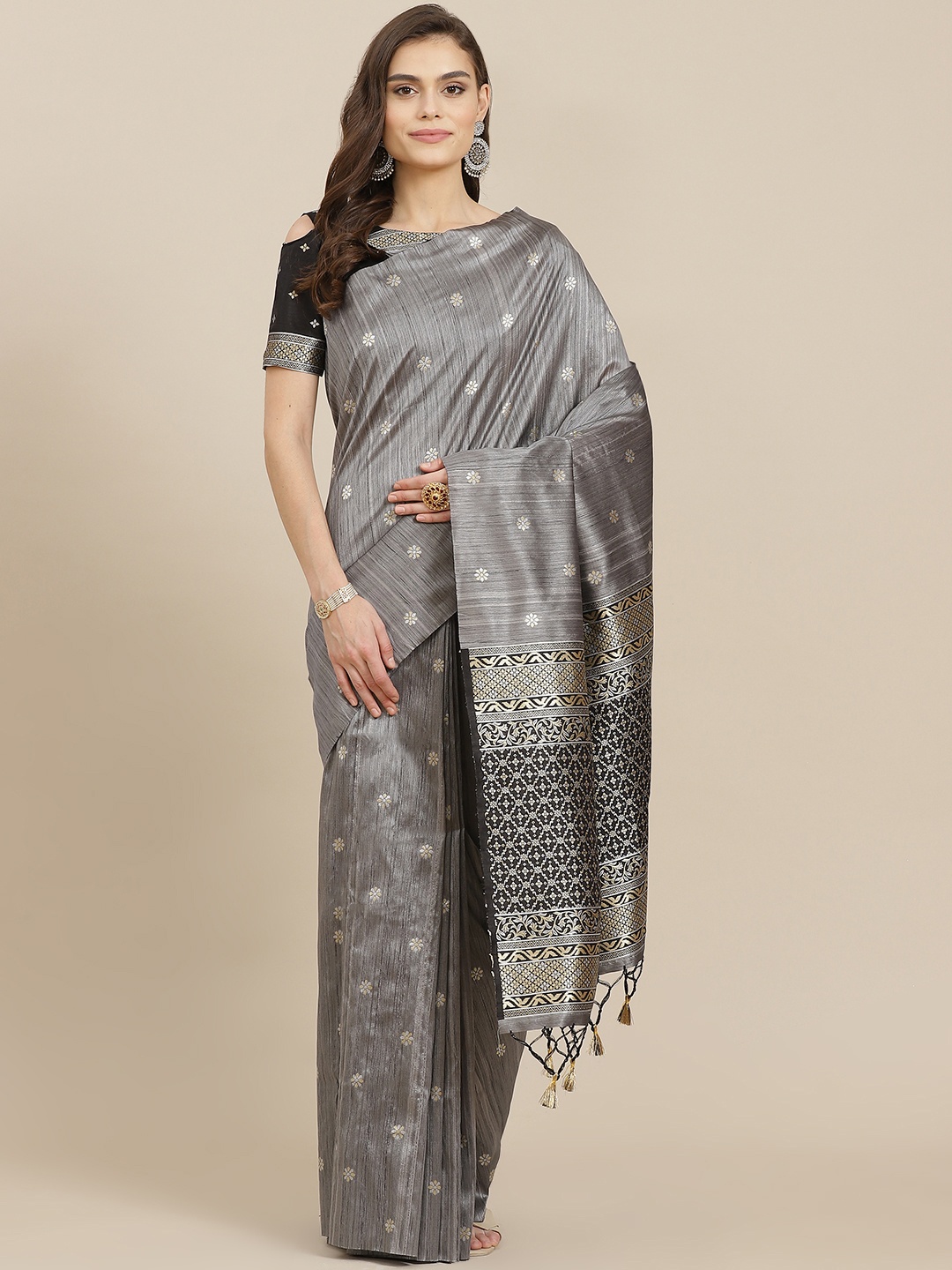 

Mitera Grey & Golden Ethnic Motifs Zari Silk Blend Saree