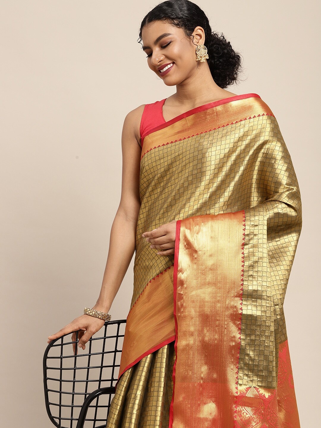 

Silk Land Golden & Black Checked Zari Kanjeevaram Saree, Gold