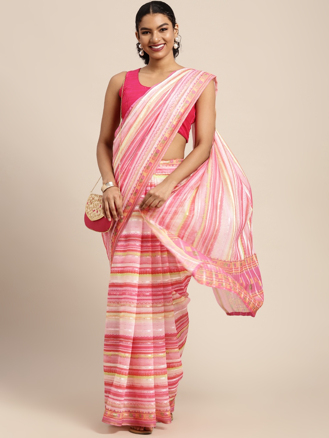 

Silk Land Pink & Off White Striped Sequinned Leheriya Saree