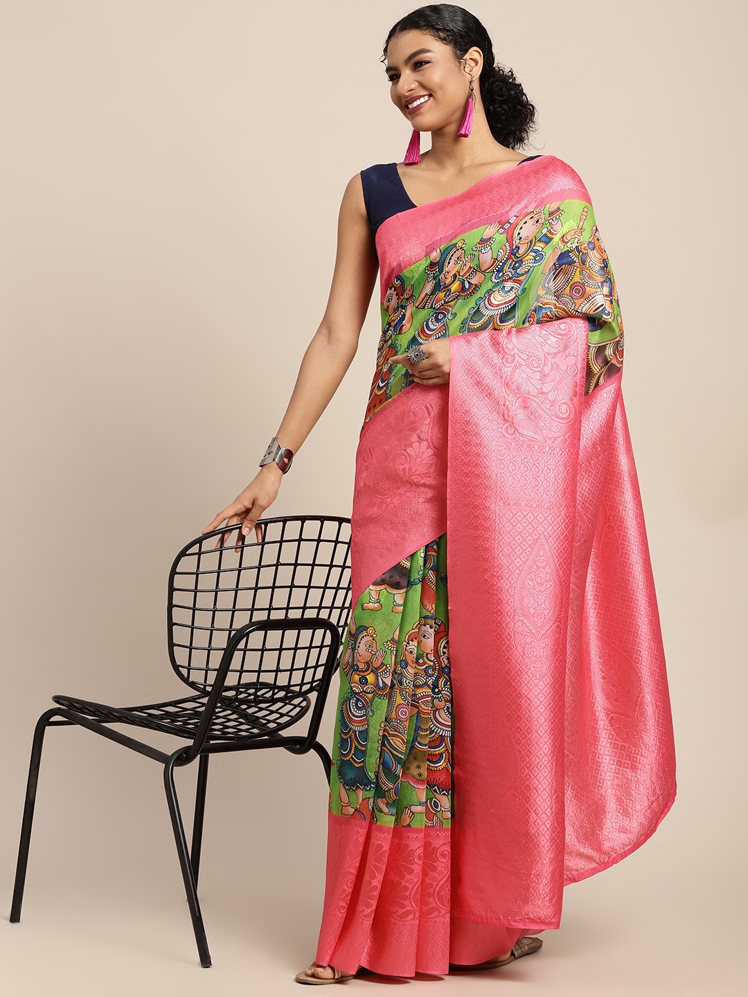 

Silk Land Green & Pink Kalamkari Zari Saree