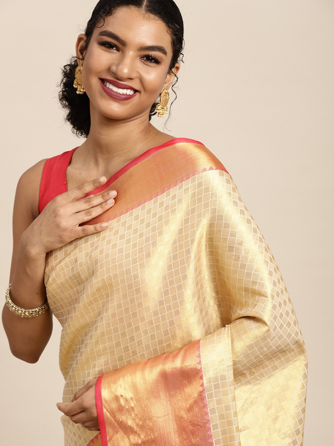 

Silk Land Beige Checked Zari Kasavu Saree
