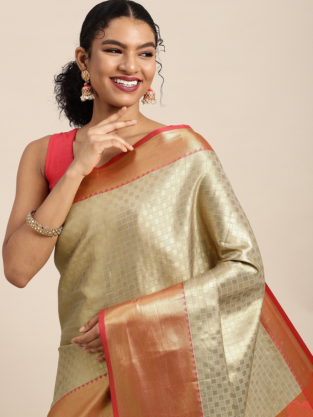

Silk Land Golden Checked Zari Kanjeevaram Saree, Gold