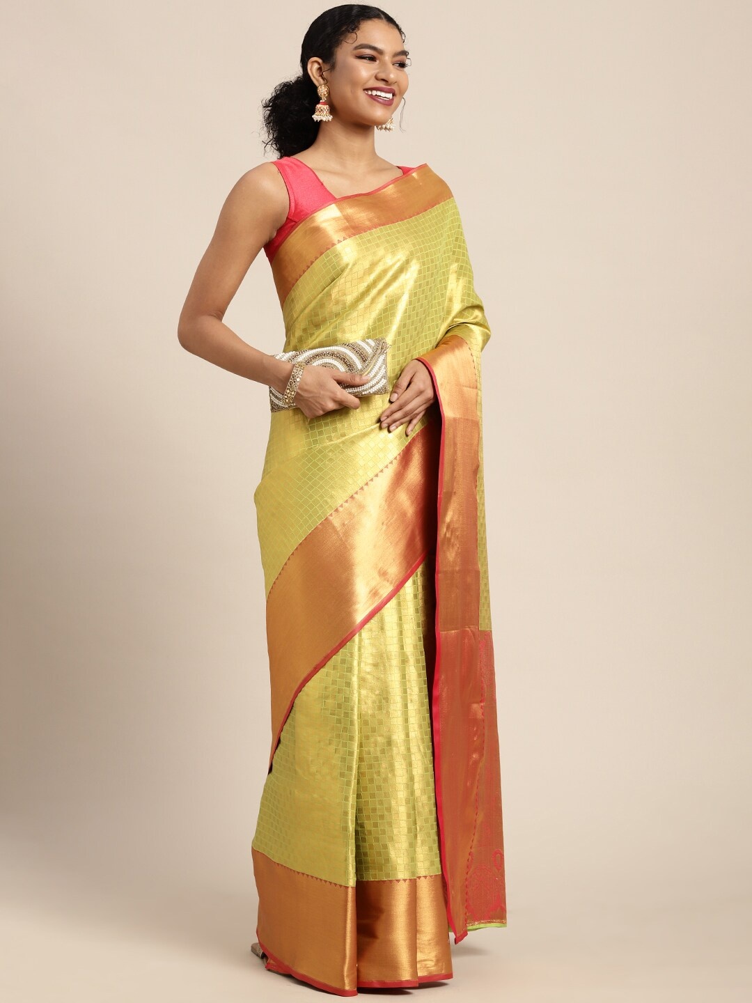 

Silk Land Green & Golden Checked Zari Pure Silk Kanjeevaram Saree
