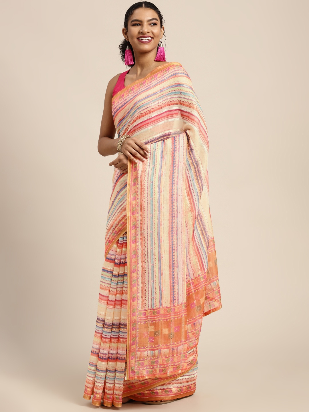 

Silk Land Multicoloured Striped Sequinned Leheriya Saree, Multi