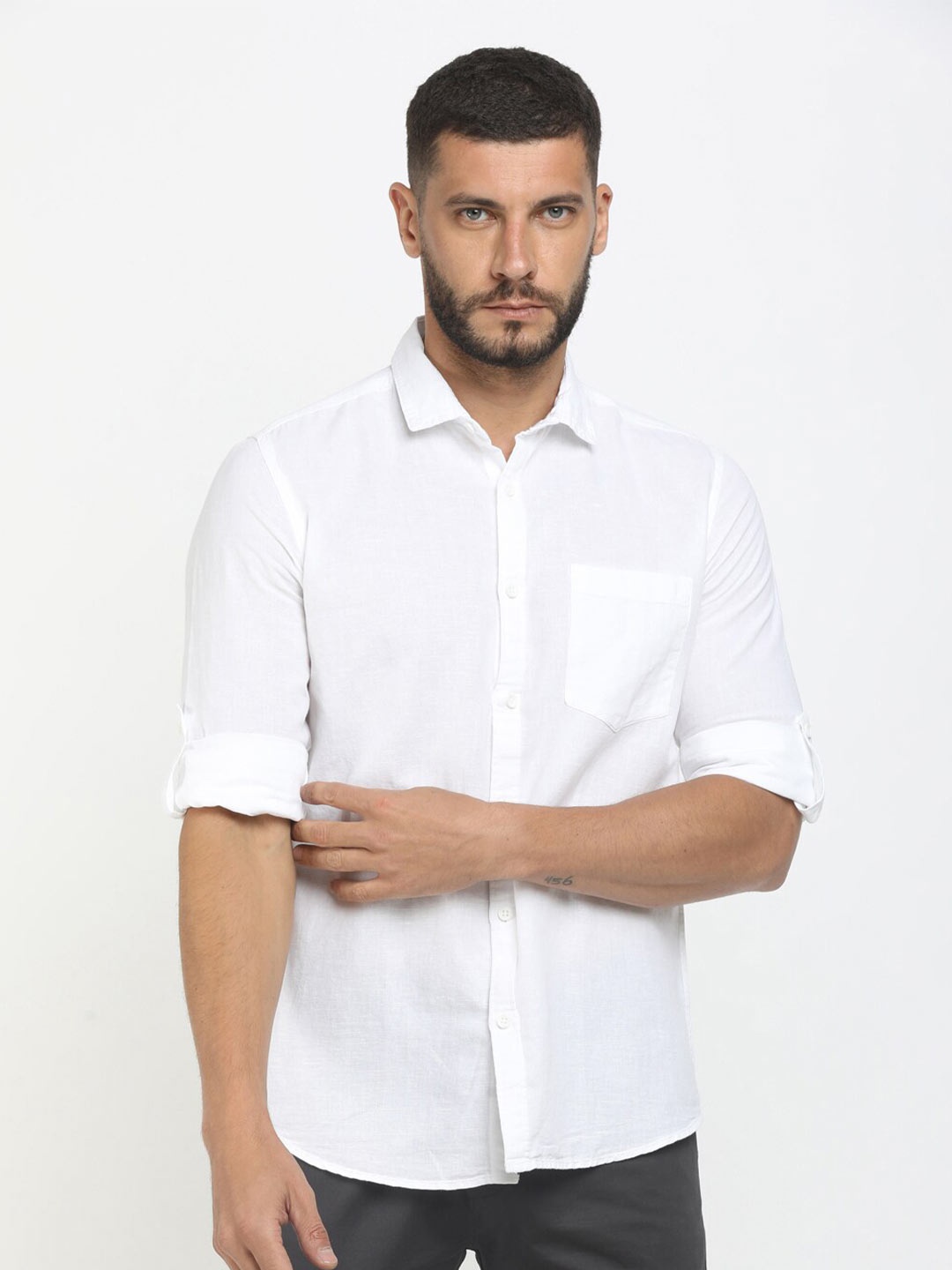 

V-Mart Men White Standard Cotton Linen Casual Shirt