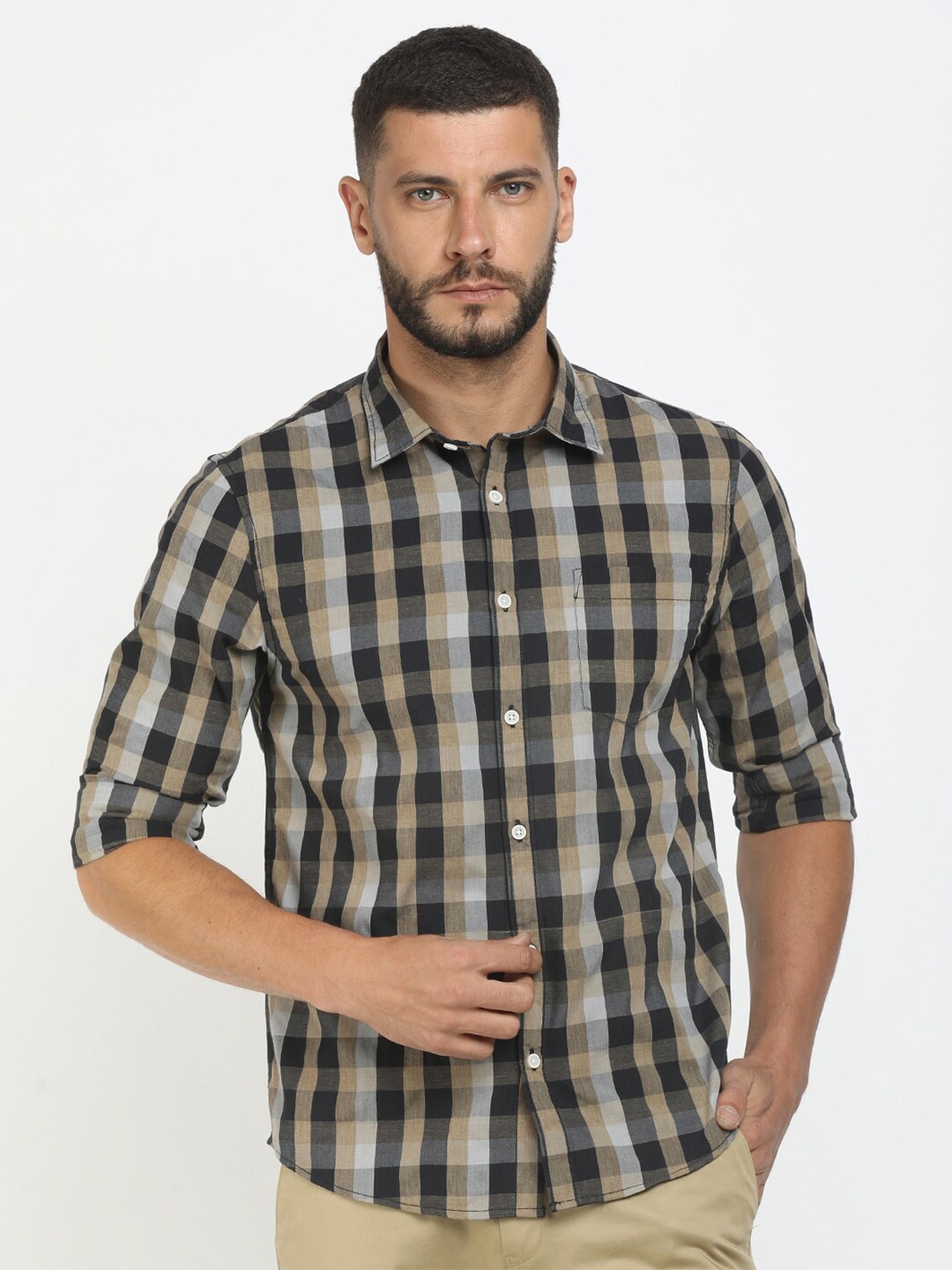 

Cherokee Men Beige Standard Tartan Checked Cotton Casual Shirt