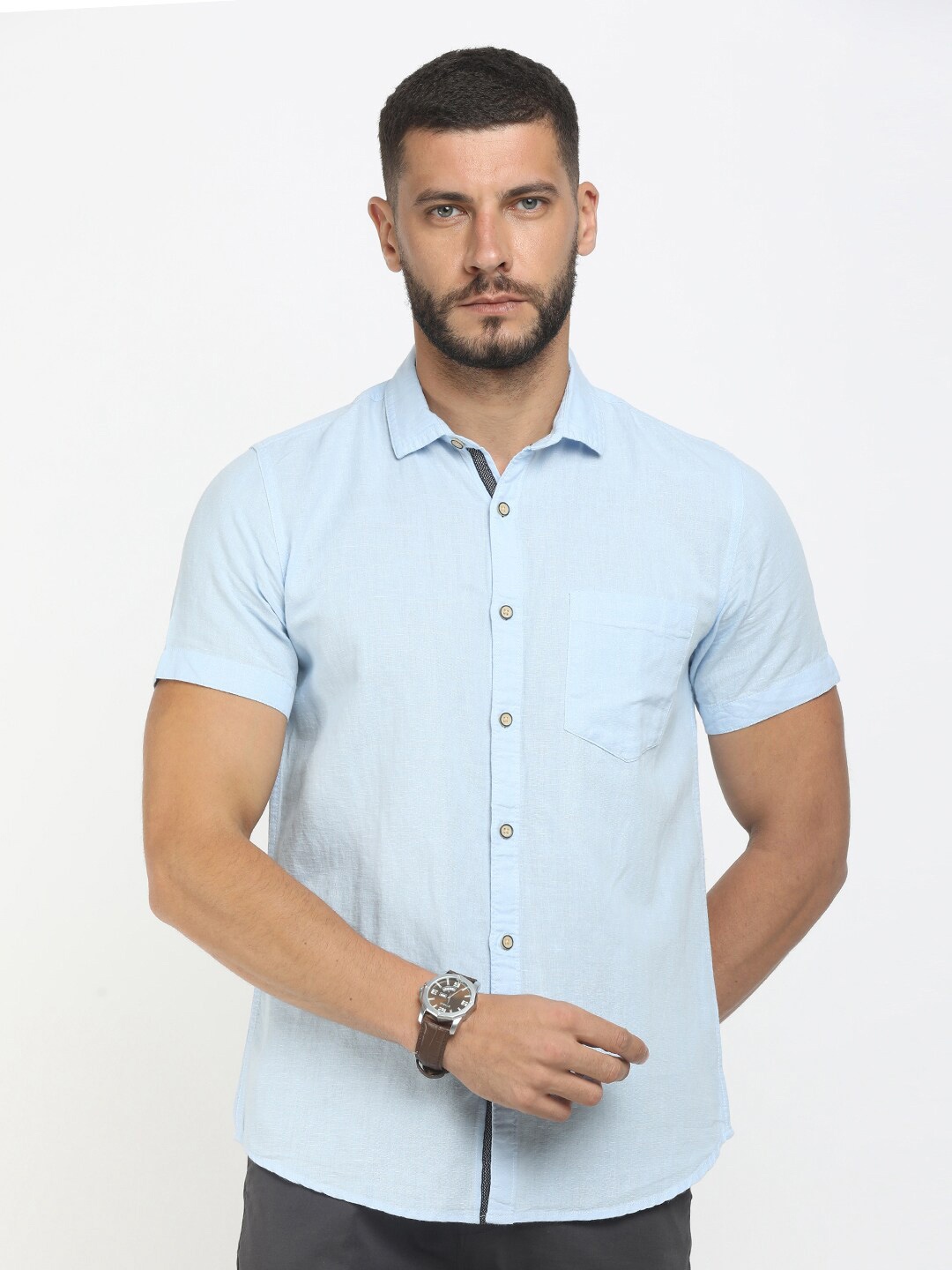 

V-Mart Men Blue Standard Cotton Linen Casual Shirt