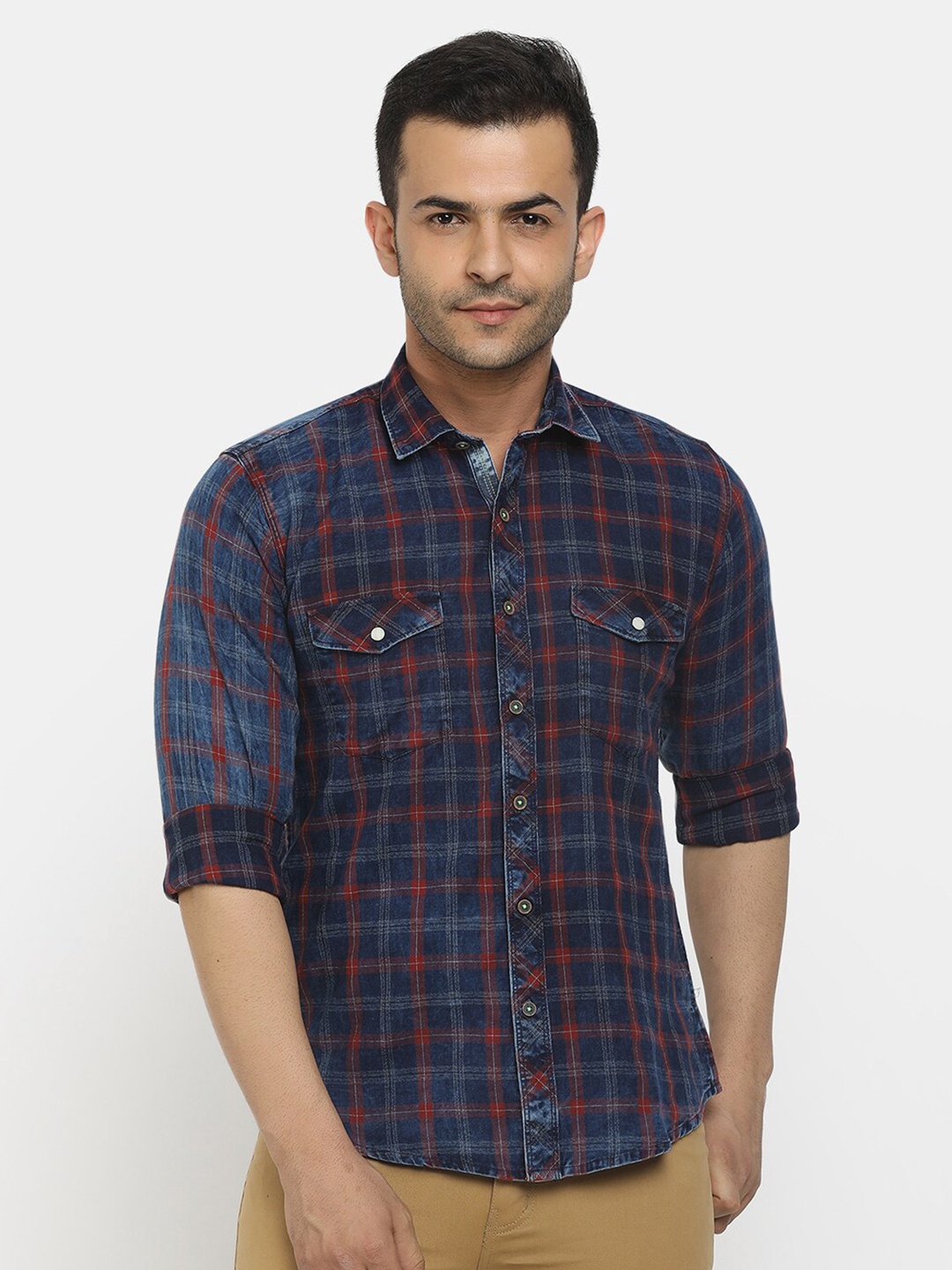 

V-Mart Men Blue Standard Tartan Checks Checked Cotton Casual Shirt