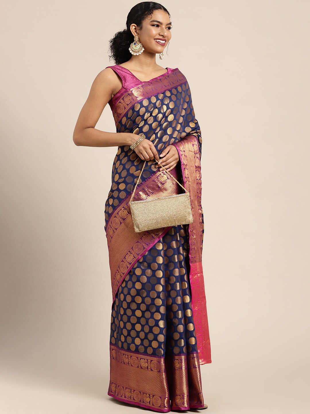 

Silk Land Navy Blue & Golden Zari Banarasi Saree