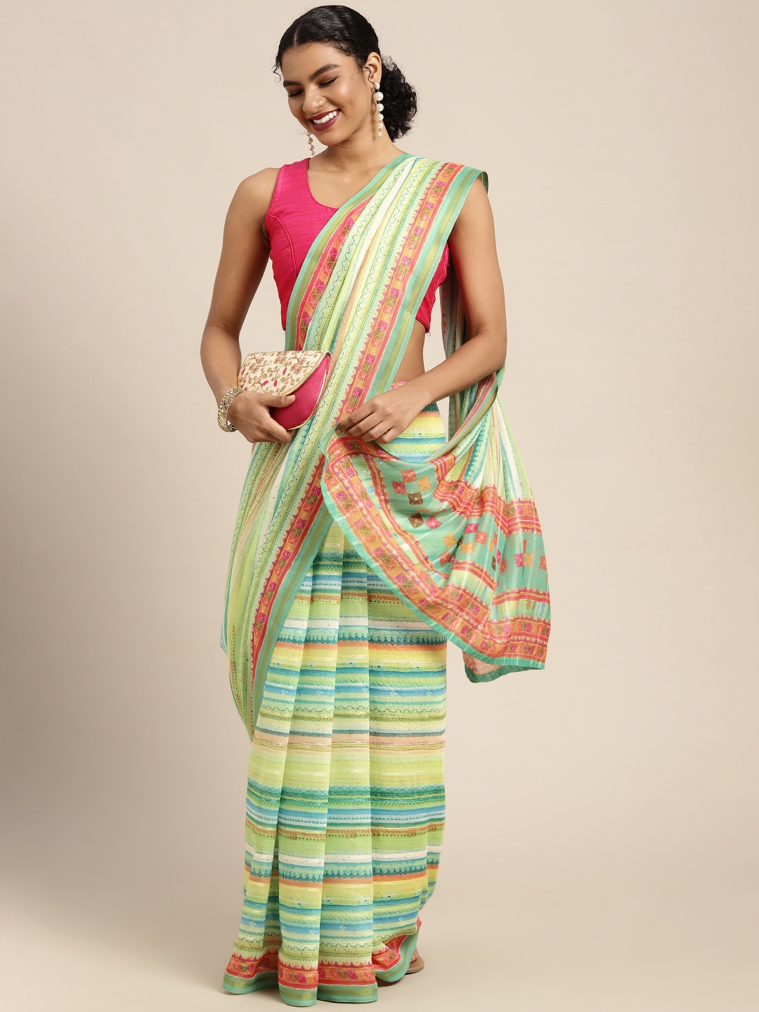 

Silk Land Sea Green Striped Sequinned Pure Cotton Fusion Leheriya Saree