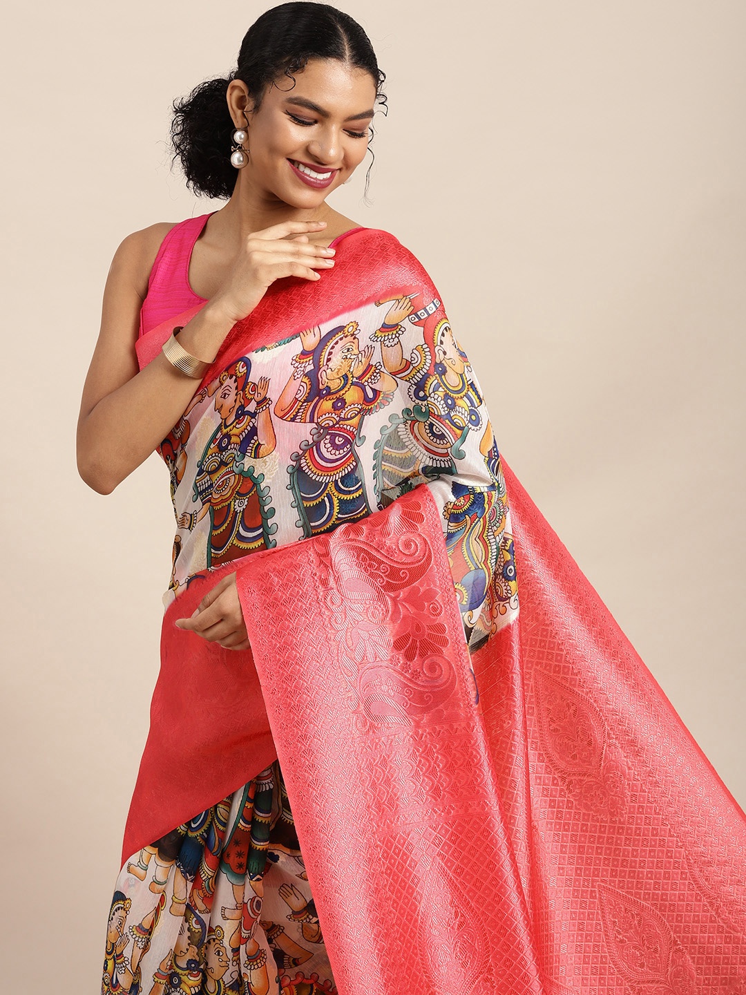 

Silk Land White & Pink Kalamkari Zari Saree