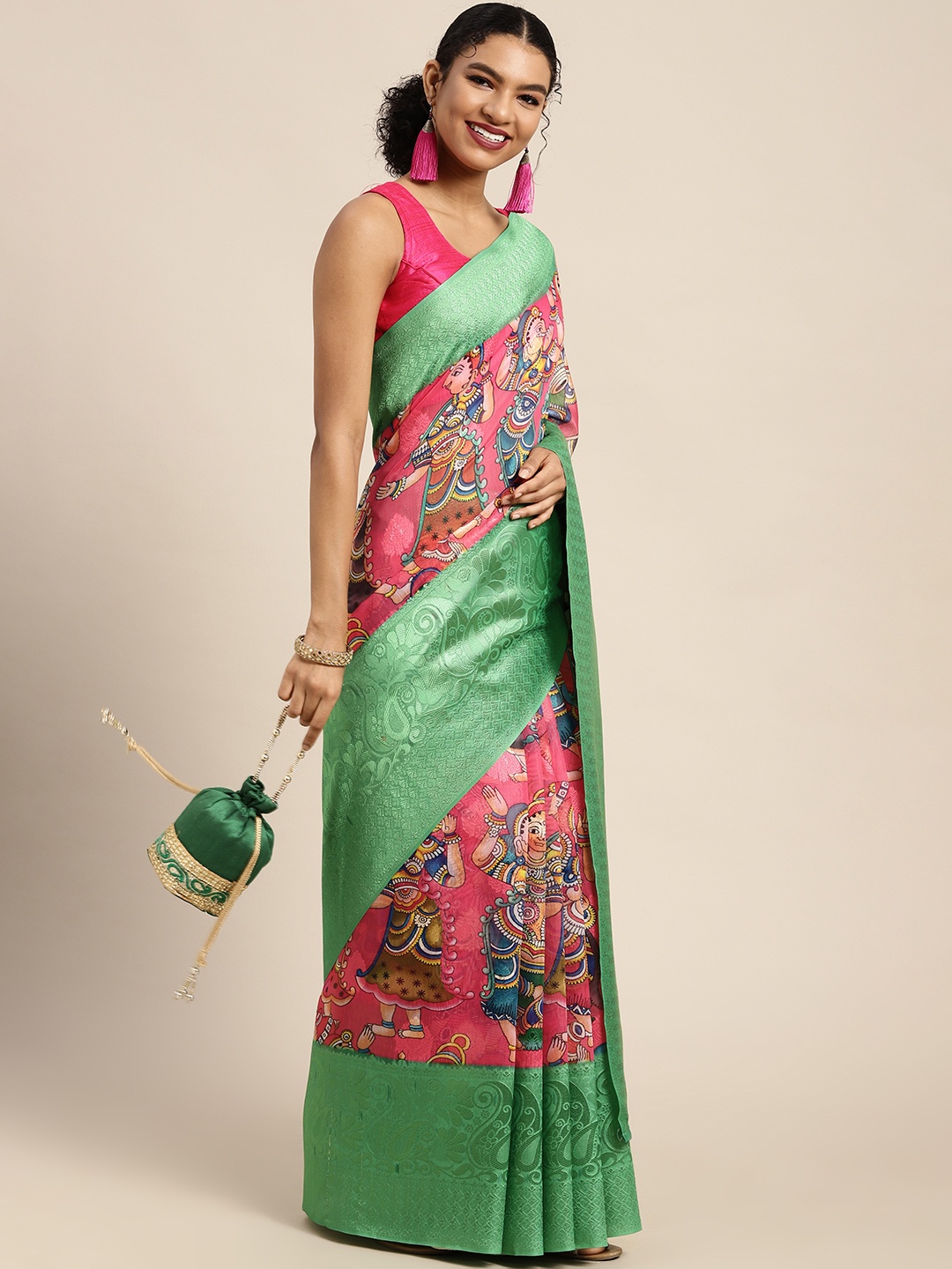 

Silk Land Pink & Green Kalamkari Zari Saree