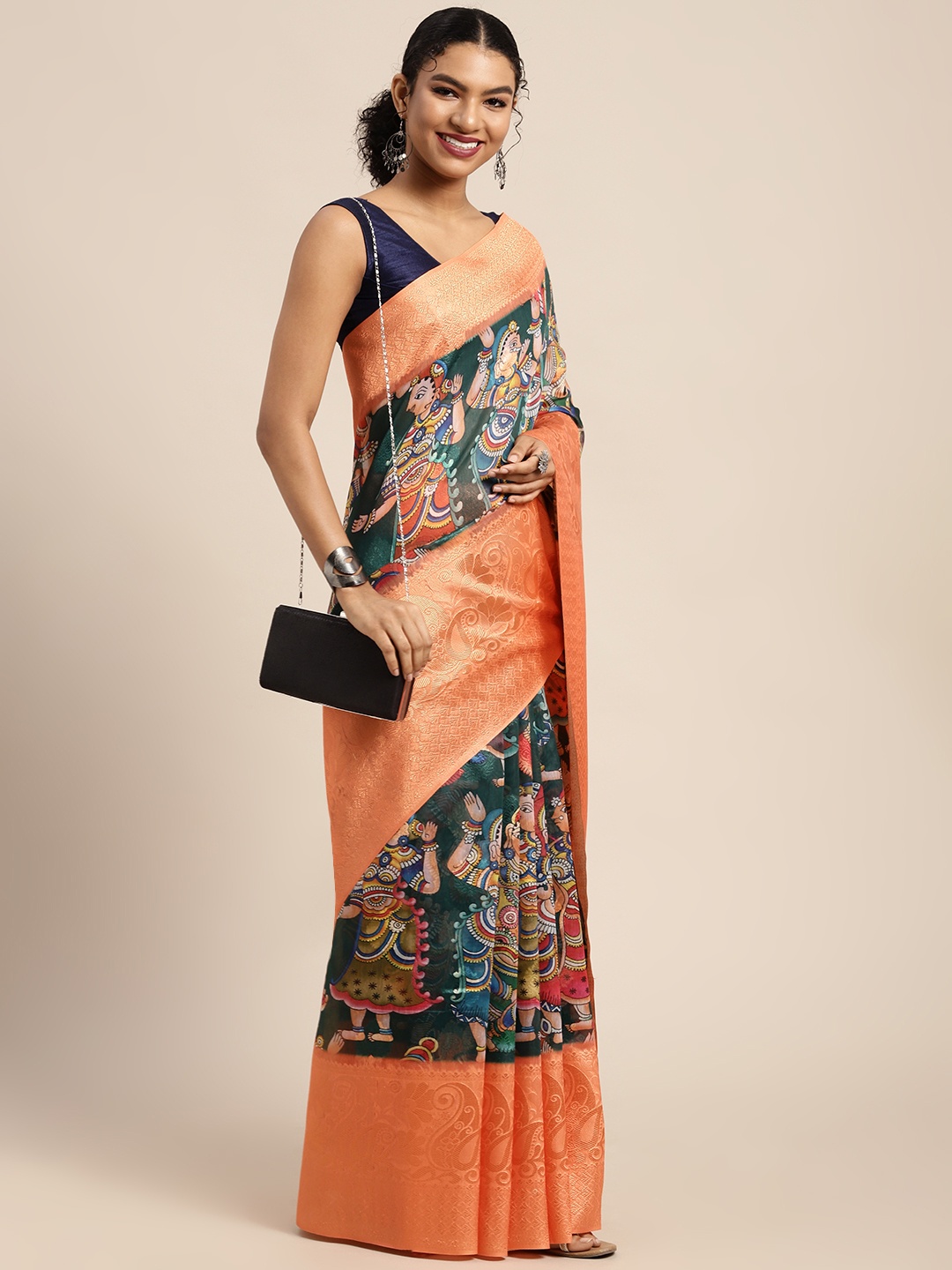 

Silk Land Green & Peach-Coloured Kalamkari Zari Saree