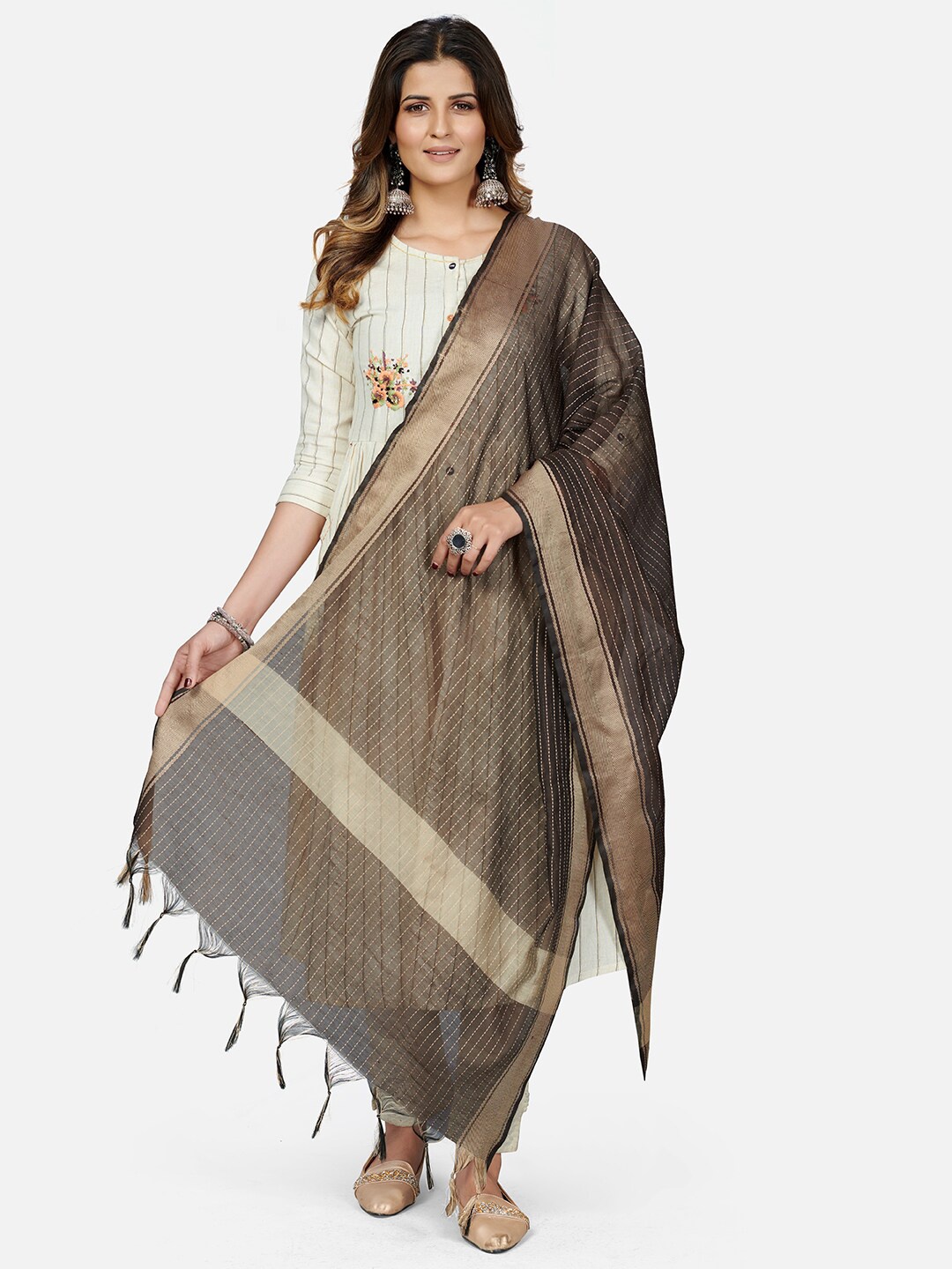 

Vbuyz Brown & Cream-Coloured Striped Art Silk Dupatta