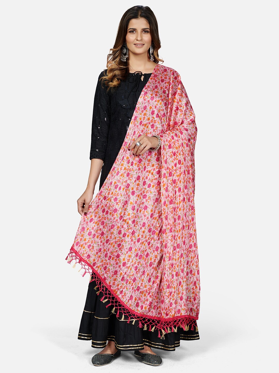 

Vbuyz Women Pink & Orange Printed Pure Silk Dupatta