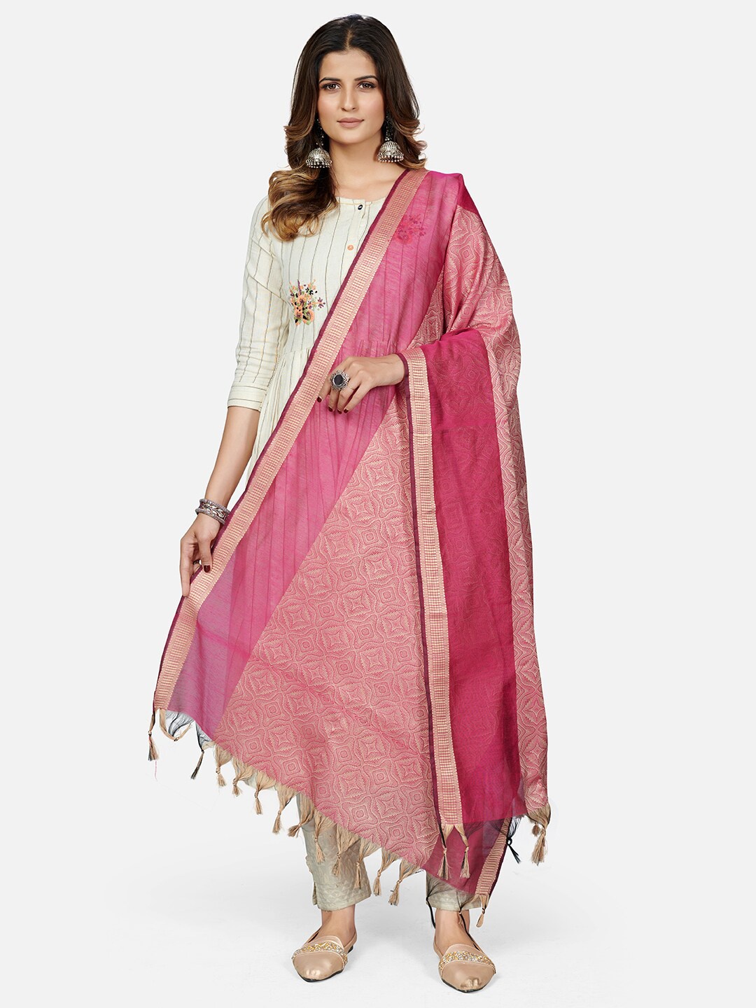 

Vbuyz Pink & Cream-Coloured Ethnic Motifs Woven Design Art Silk Dupatta