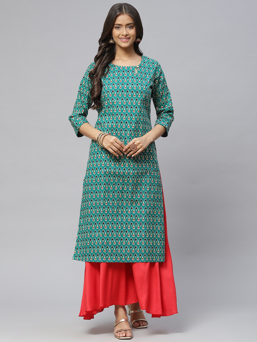 

Aarika Women Green & Red Ethnic Motifs Printed Pure Cotton Kurta