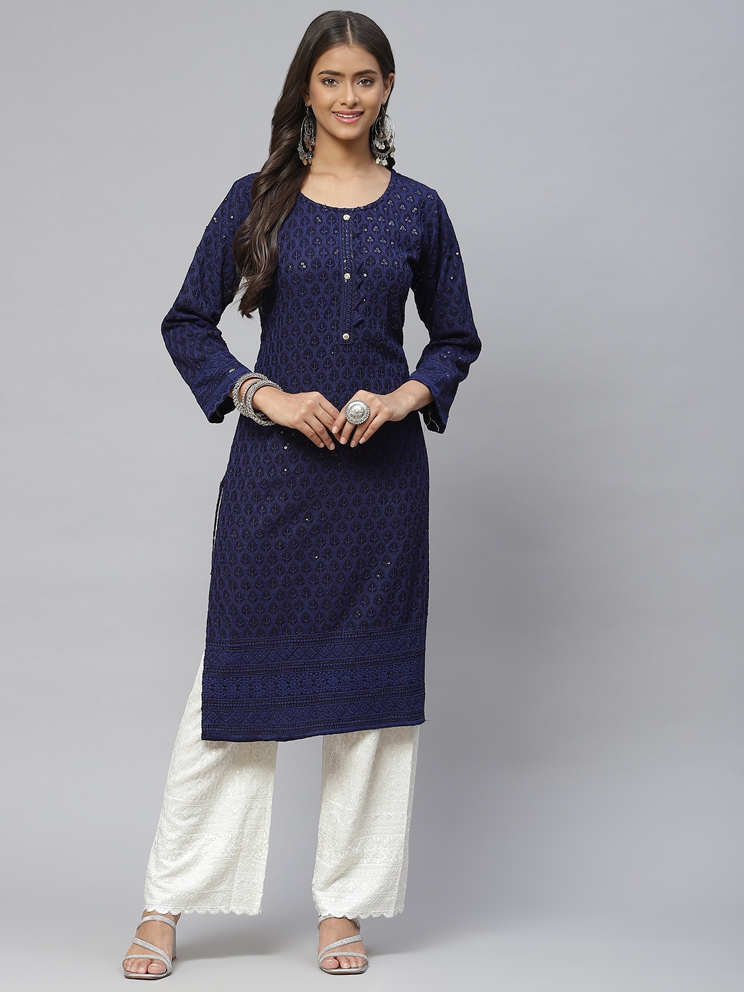 

Aarika Women Navy Blue Ethnic Motifs Embroidered Pure Cotton Kurta