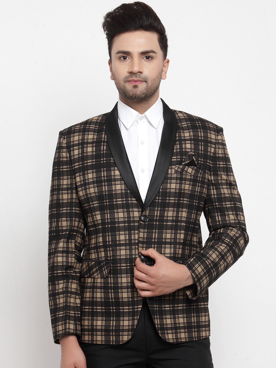 

KLOTTHE Men Black & Brown Checked Slim-Fit Single Breasted Blazer