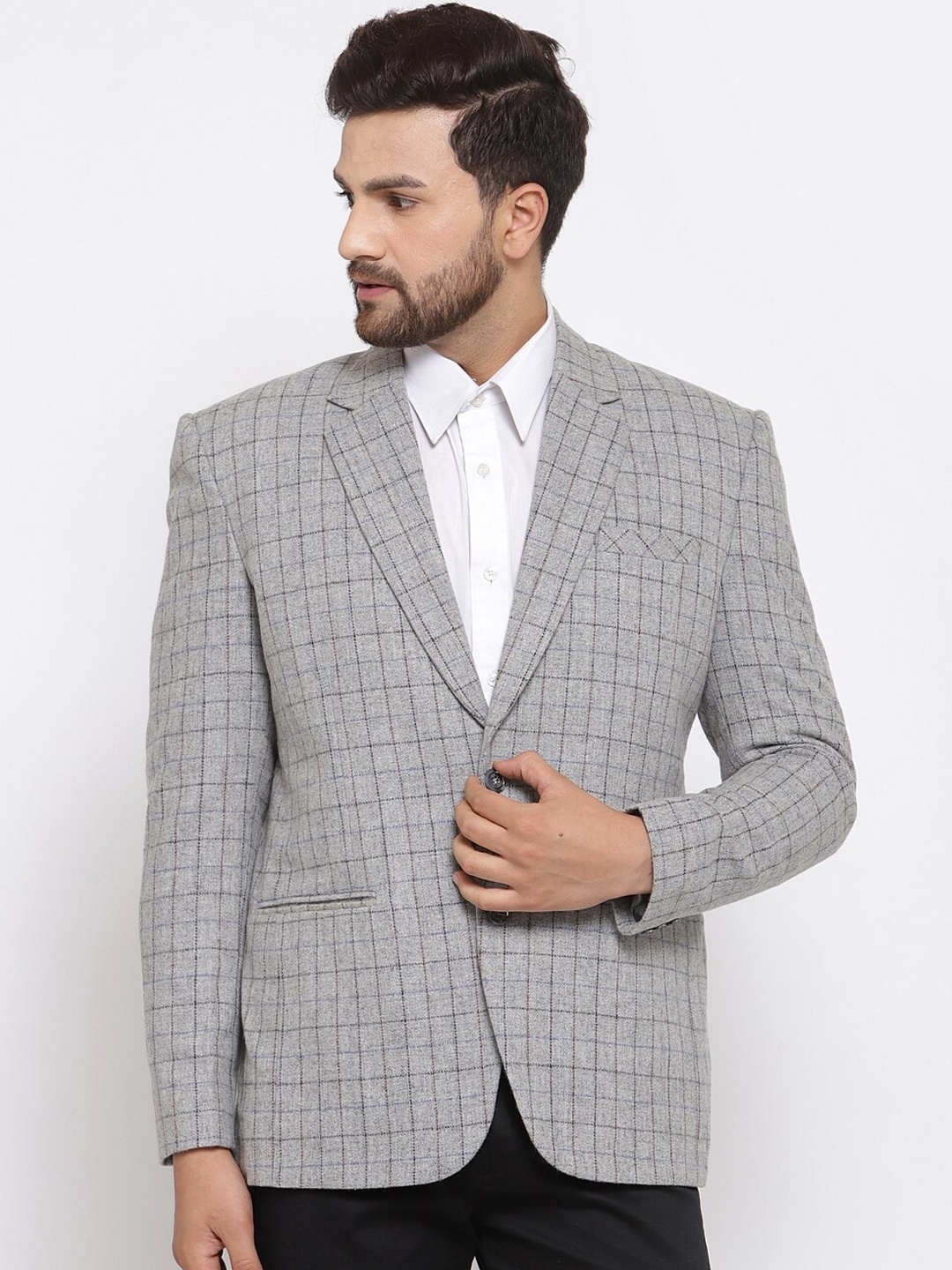 

KLOTTHE Men Grey Checked Slim Fit Single Breasted Blazer