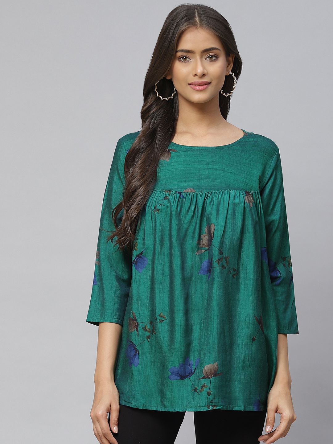 

Aarika Green Floral Print Longline Pure Cotton Top