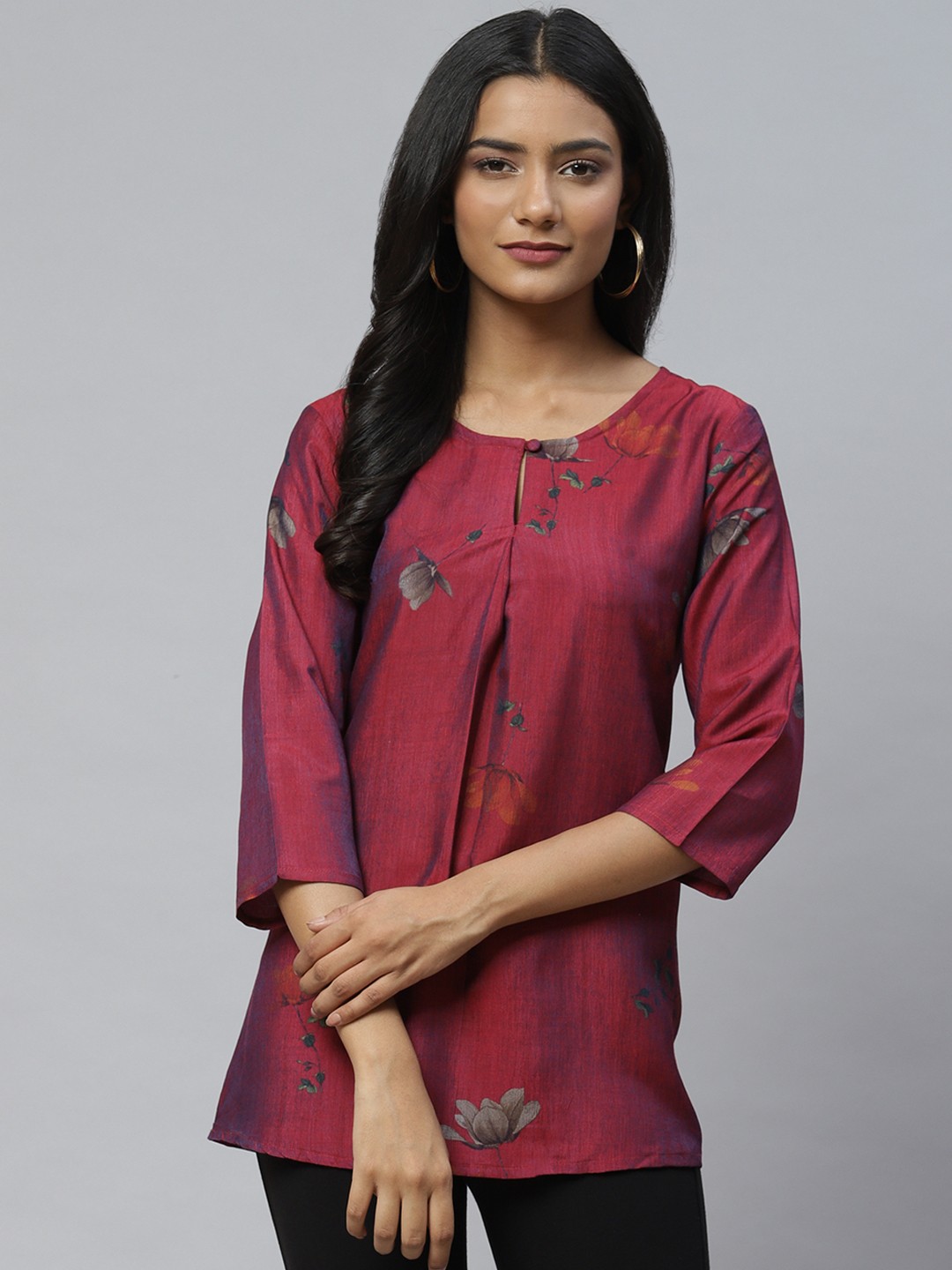 

Aarika Burgundy & Navy Blue Floral Print Longline Pure Cotton Top