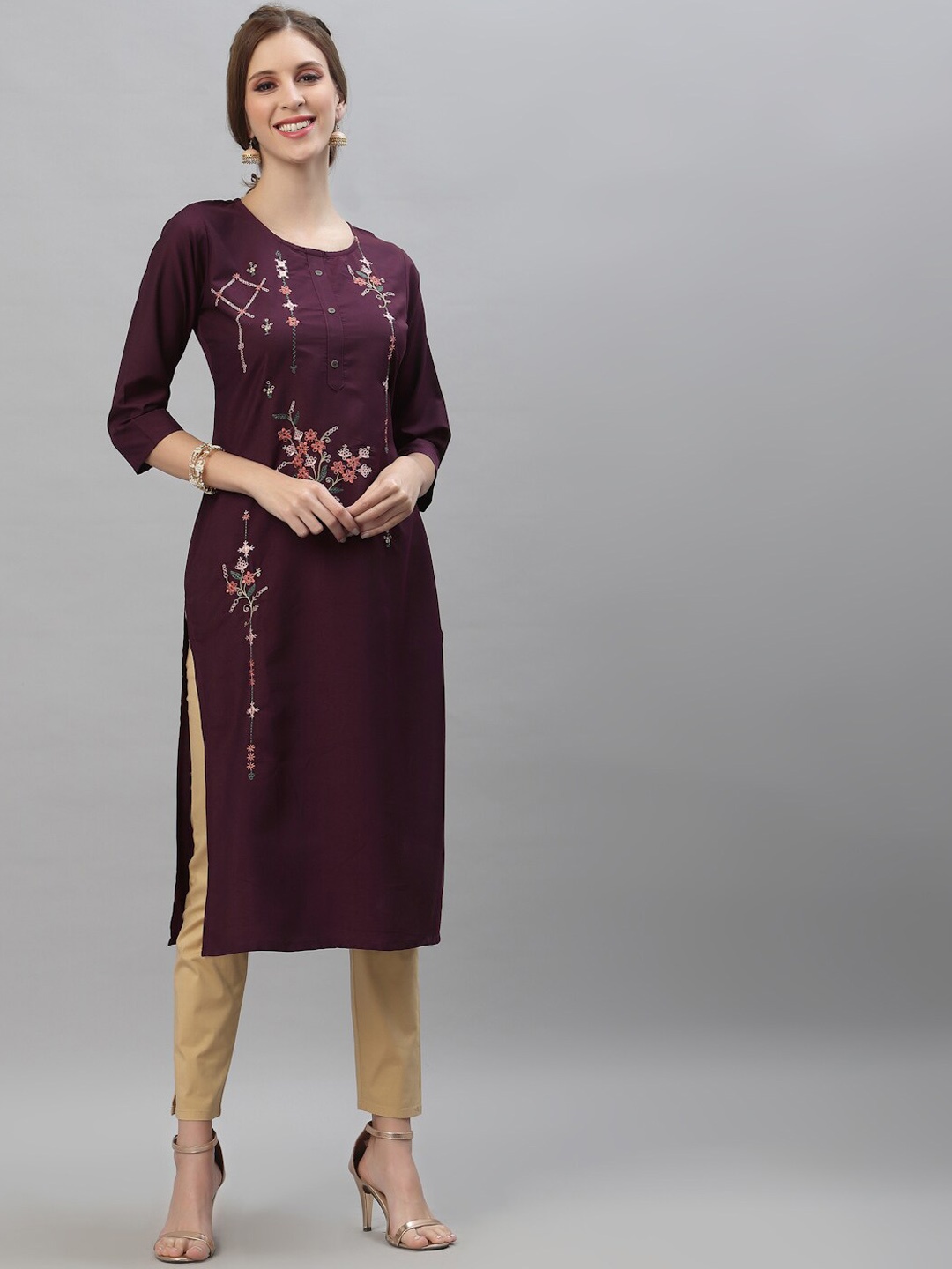 

KALINI Women Burgundy Floral Embroidered Kurta