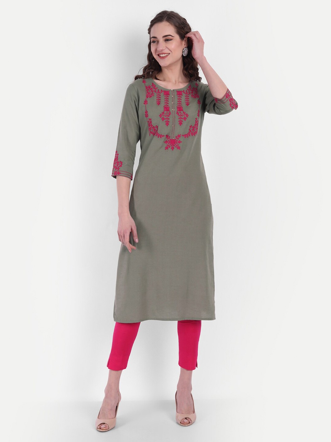 

SUTI Women Grey & Pink Ethnic Motifs Embroidered Straight Cotton Kurta